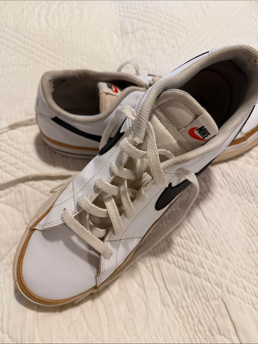 Nike Court Legacy White Low-Top Sneakers with Black Swoosh and Brown Trim